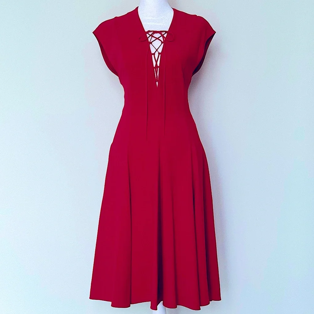 Stella McCartney- Red Silk A-line Short Sleeve Dress with Deep V - Picture 1 of 4